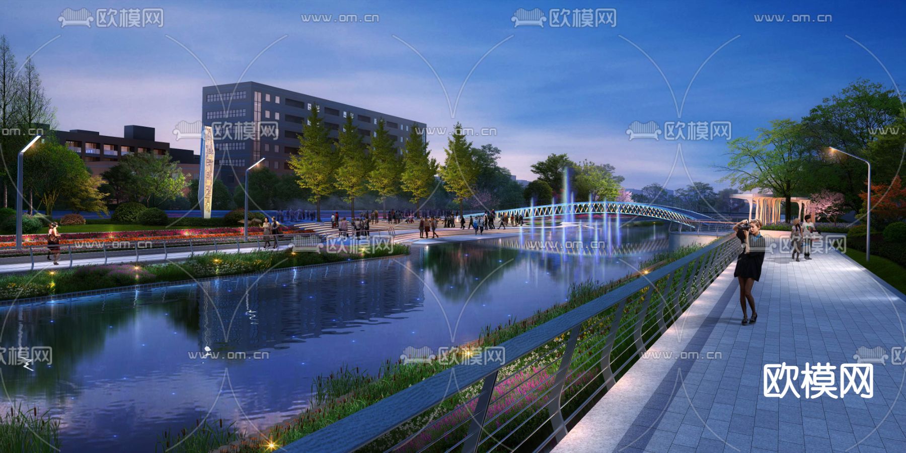 现代河道夜景景观psd下载