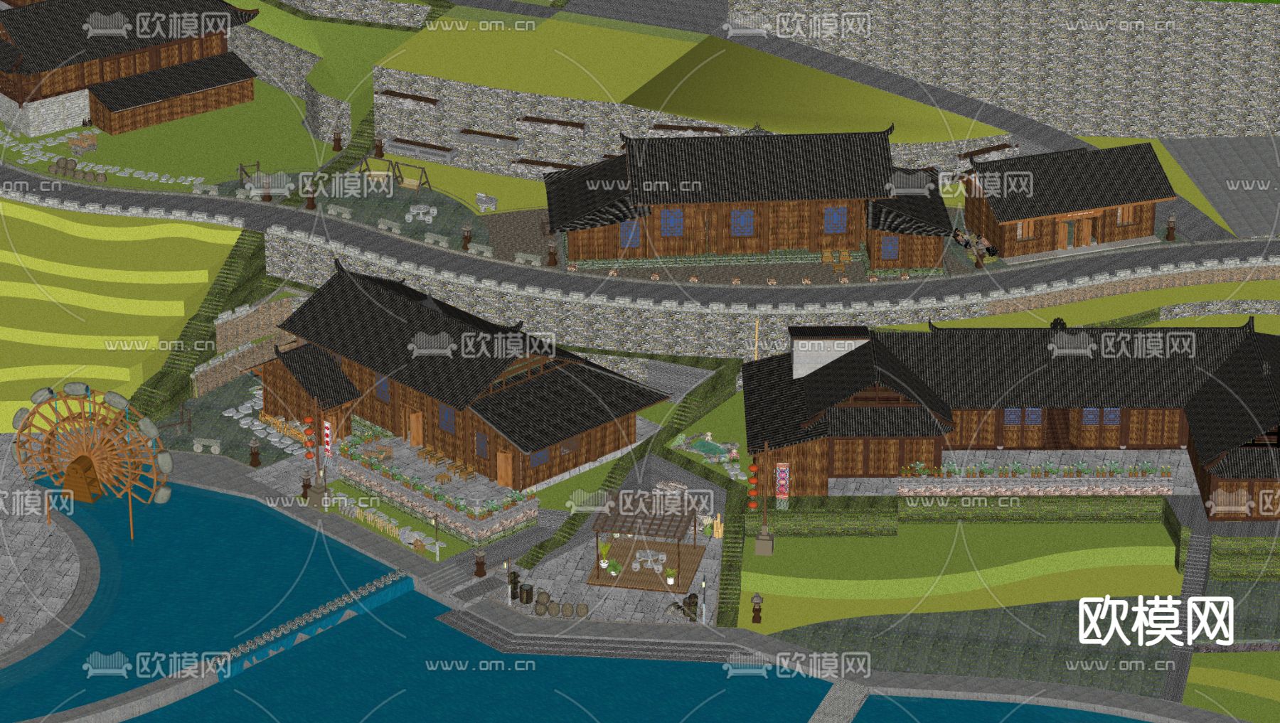 中式民俗乡村鸟瞰su模型下载