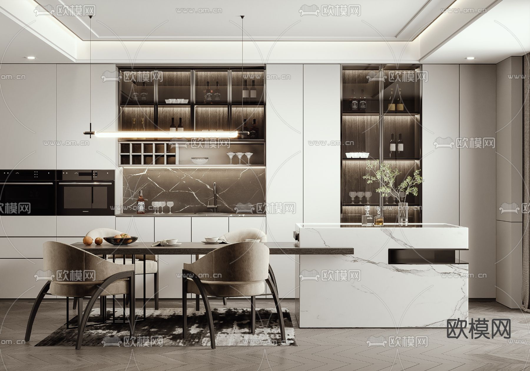 现代轻奢大理石中岛台餐桌椅3d模型下载