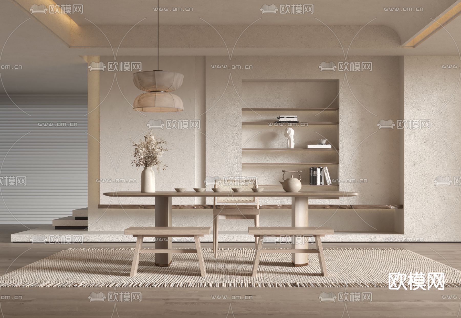 侘寂风原木茶桌椅3d模型下载