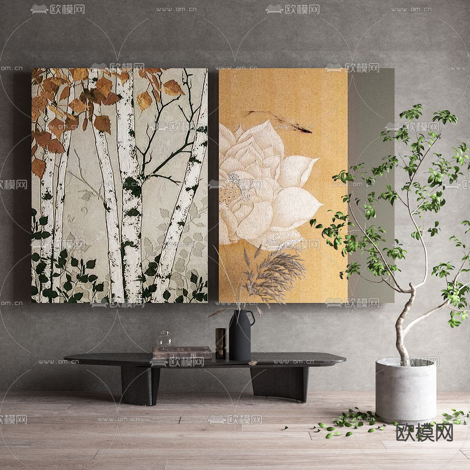 侘寂风花与树装饰画3d模型下载_ID12049651_3dmax免费模型-欧模网