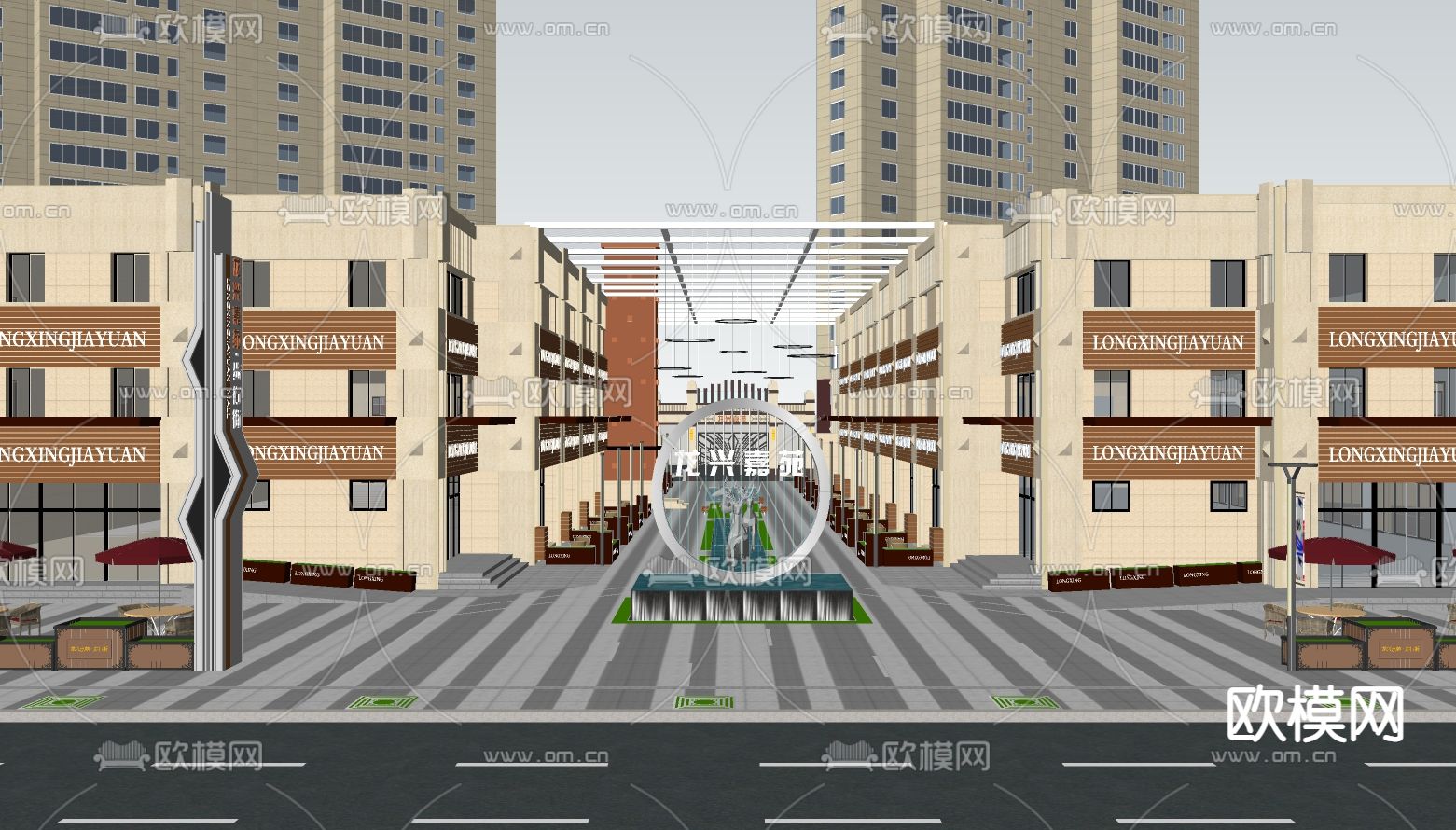 现代商业街广场su模型下载（渲染图2）