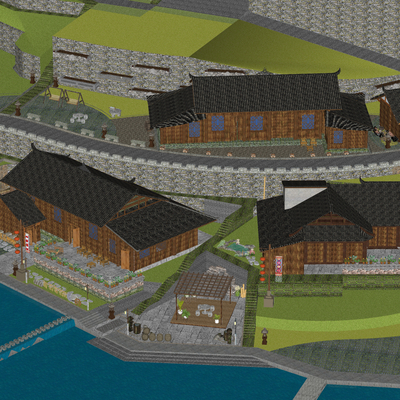  中式民俗乡村鸟瞰su模型 