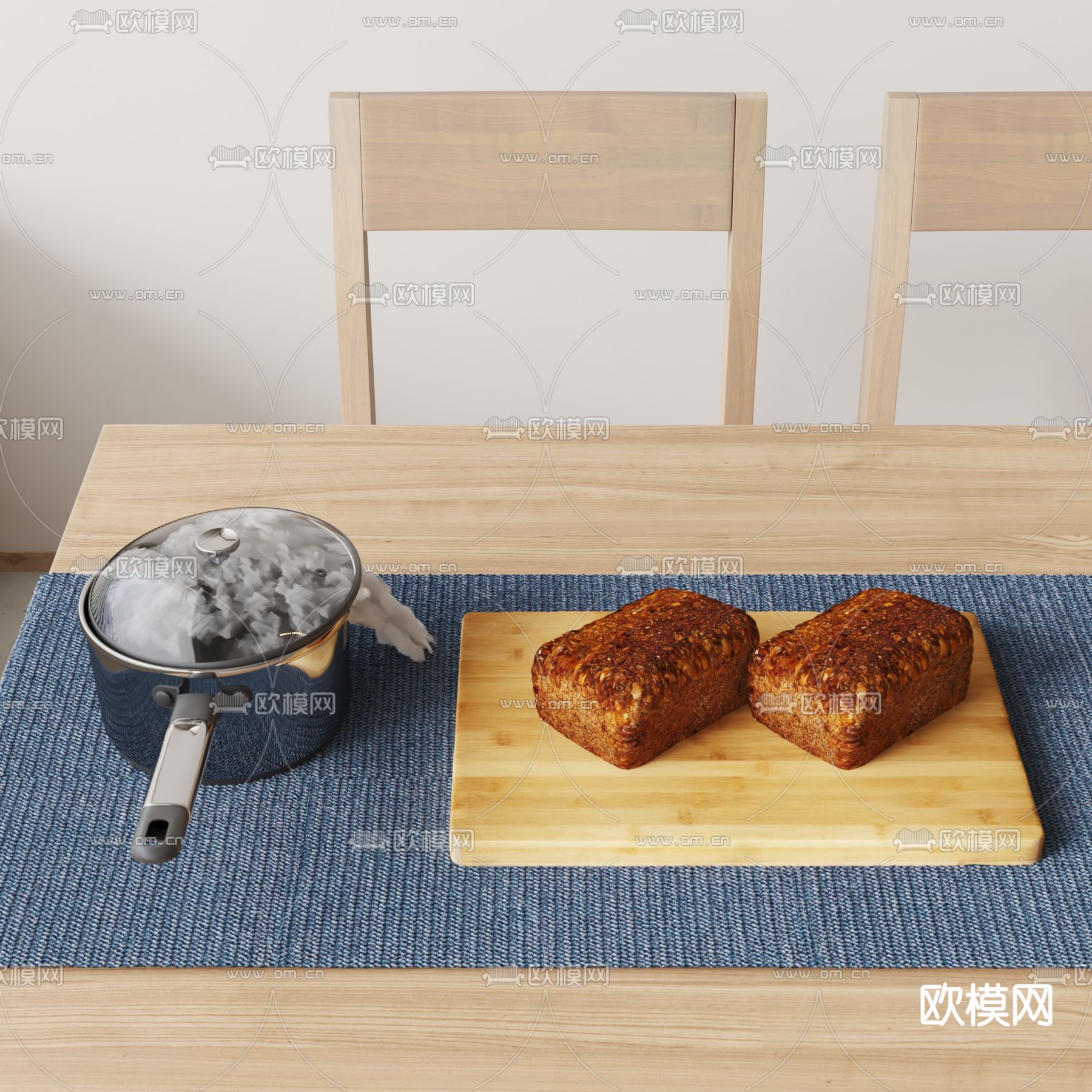现代砧板面包厨具摆件su模型下载（渲染图1）