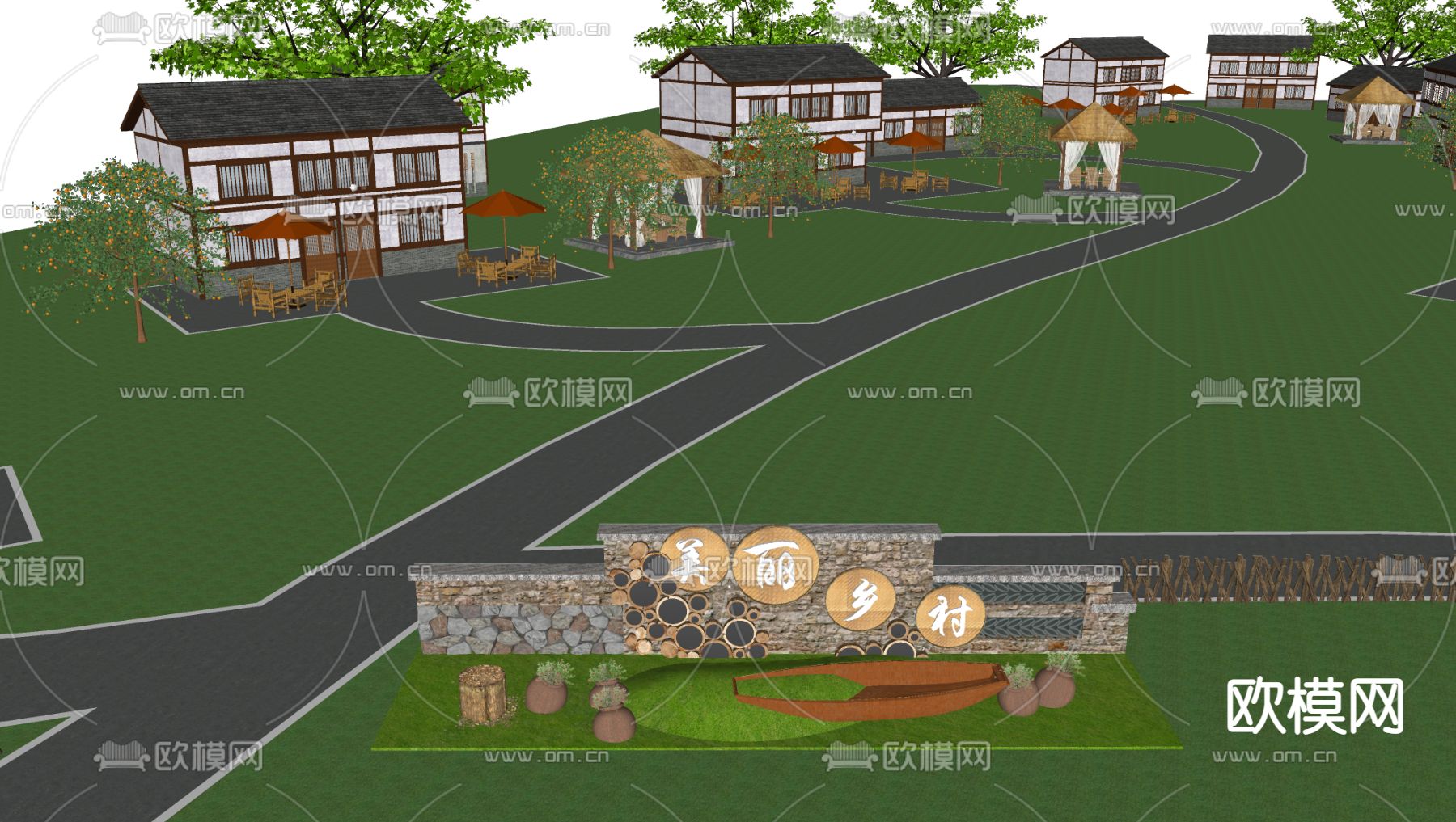 中式民俗乡村鸟瞰su模型下载