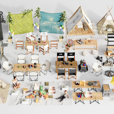  现代露营帐篷户外桌椅su模型 