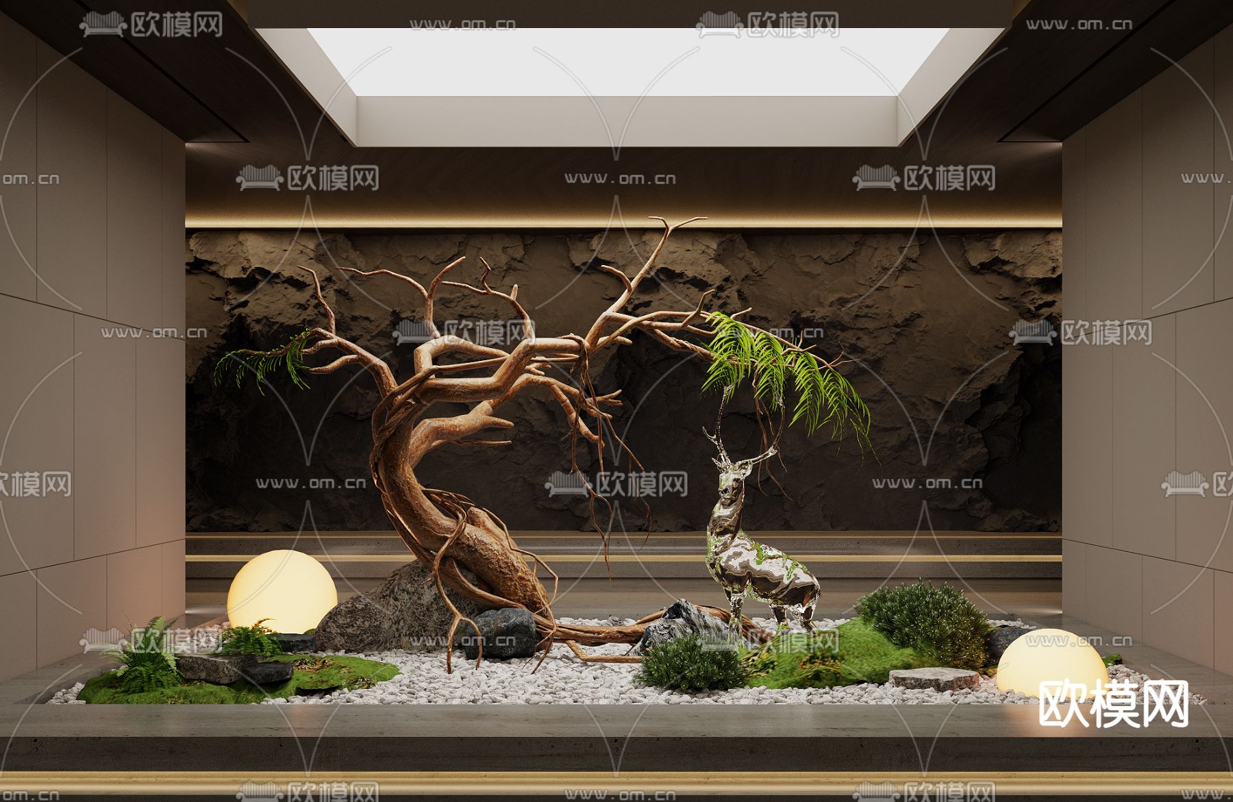 现代罗汉松麋鹿庭院造景3d模型下载