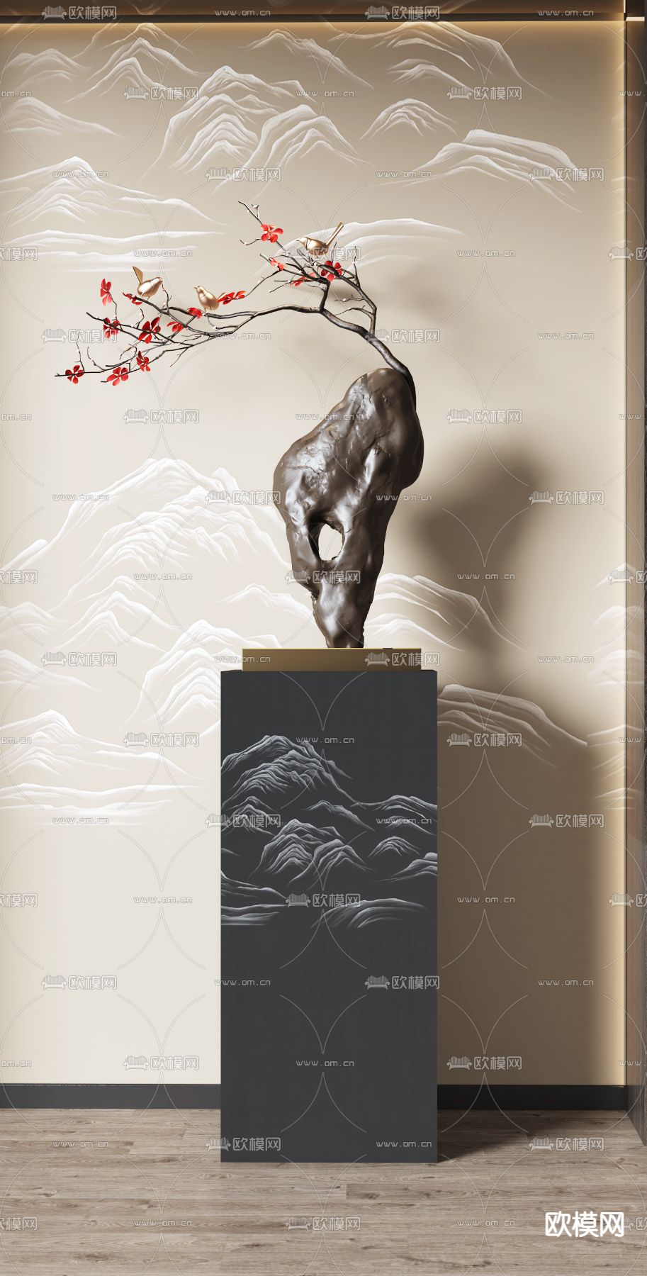 新中式石头雕塑摆件su模型下载（渲染图1）