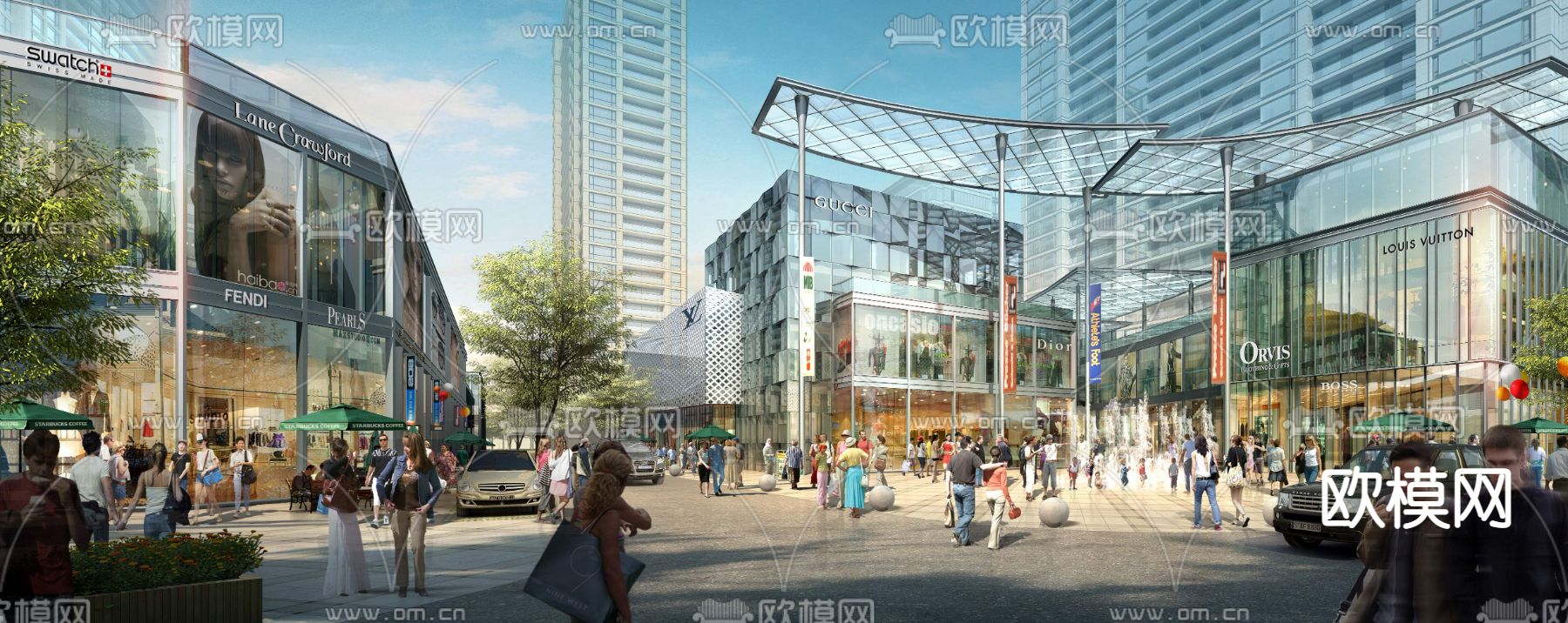 现代中庭商业街步行街景观psd下载_ID12048431_3dmax免费模型-欧模网
