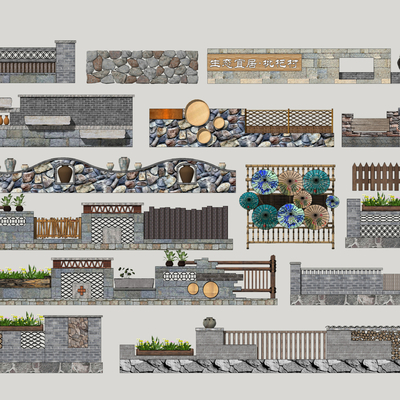 中式乡村民俗围墙su模型