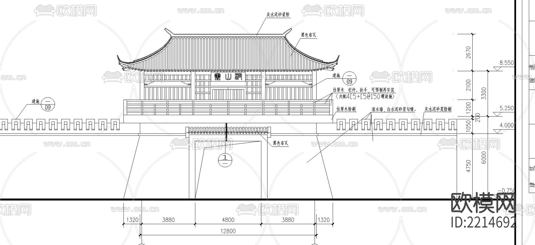 两层的山门建筑CAD施工图下载（渲染图4）