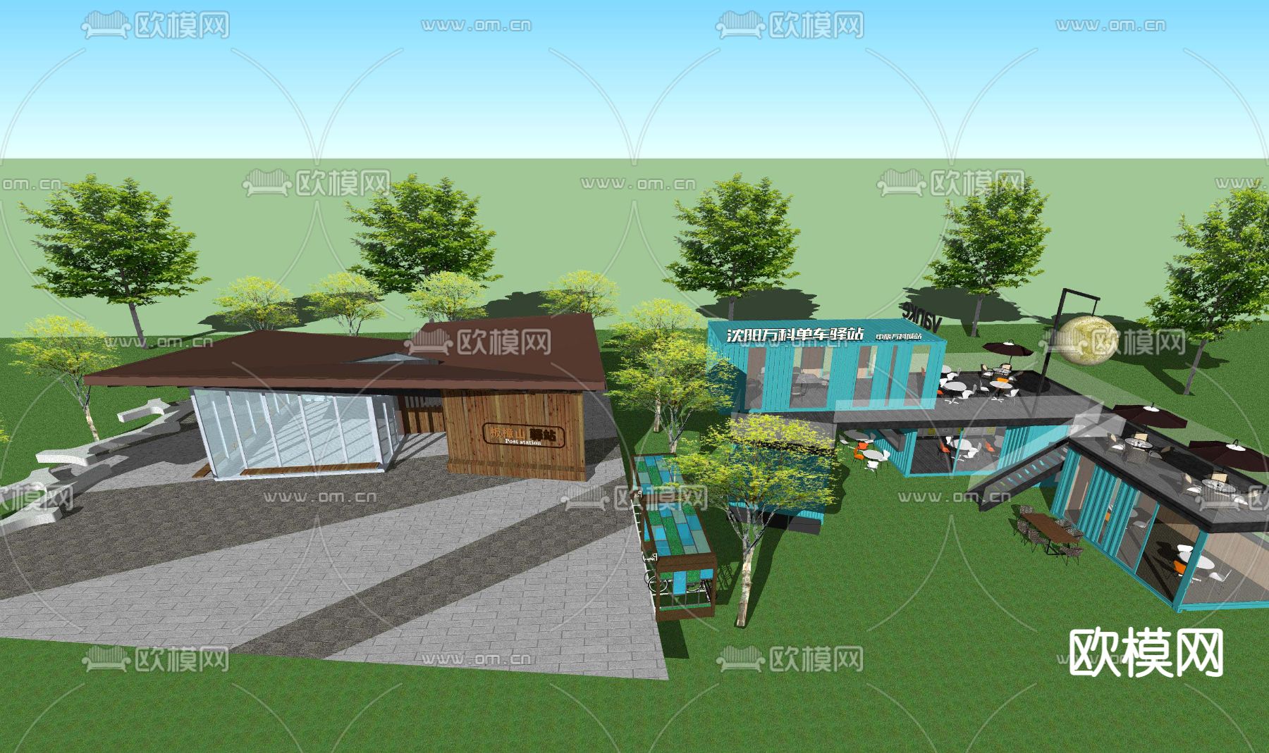 现代美丽乡村驿站休息站台su模型下载_ID12046428_sketchup模型下载-欧模网