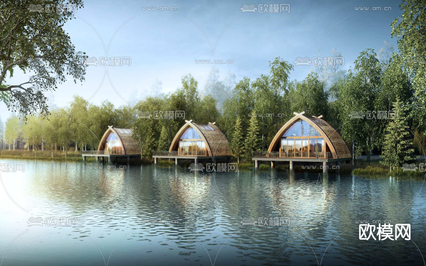 中式小木屋水边民宿3d模型下载