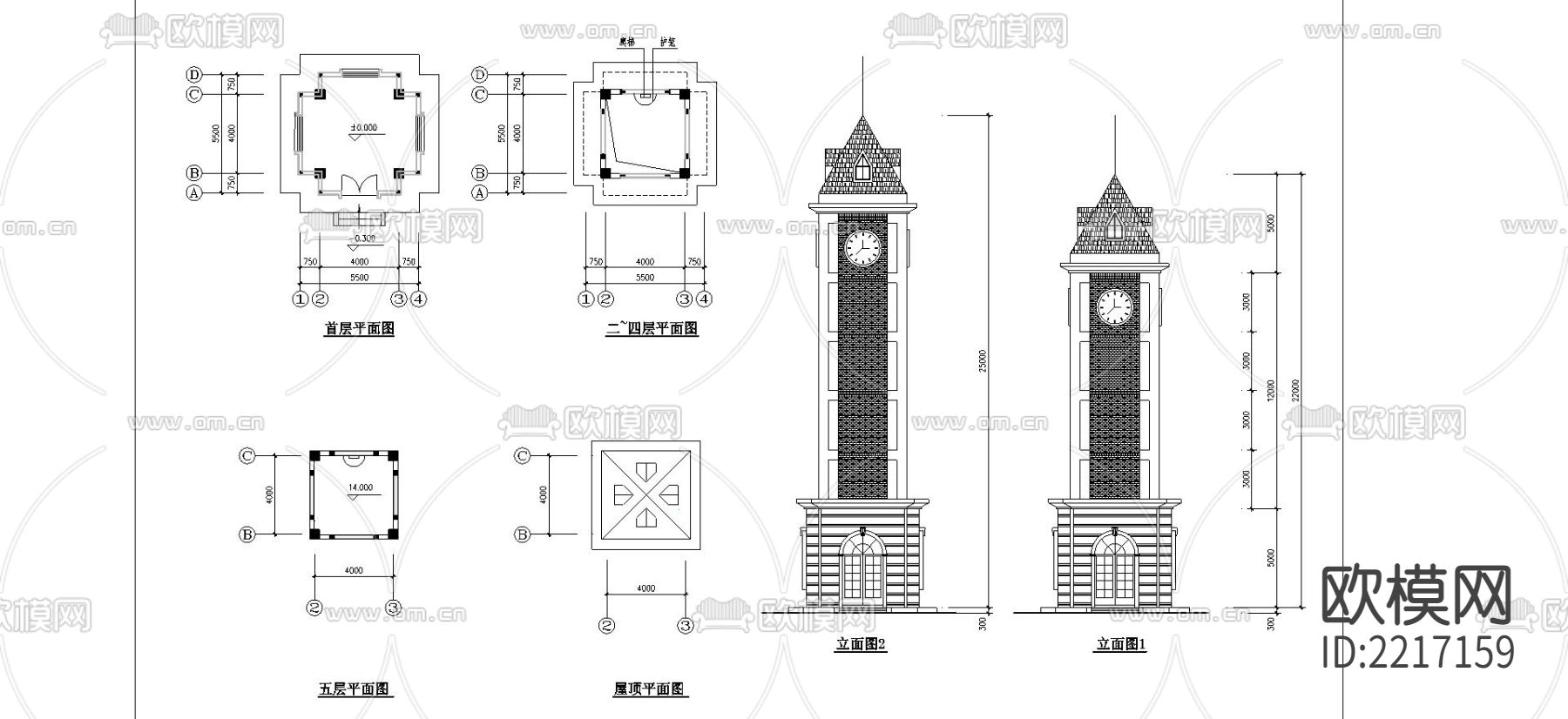 钟楼建筑cad施工图下载（渲染图1）