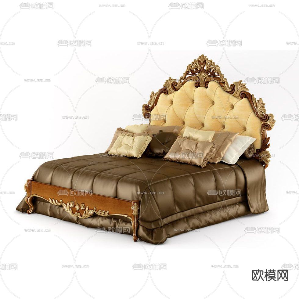 欧式古典实木雕花布艺双人床免费3d模型下载