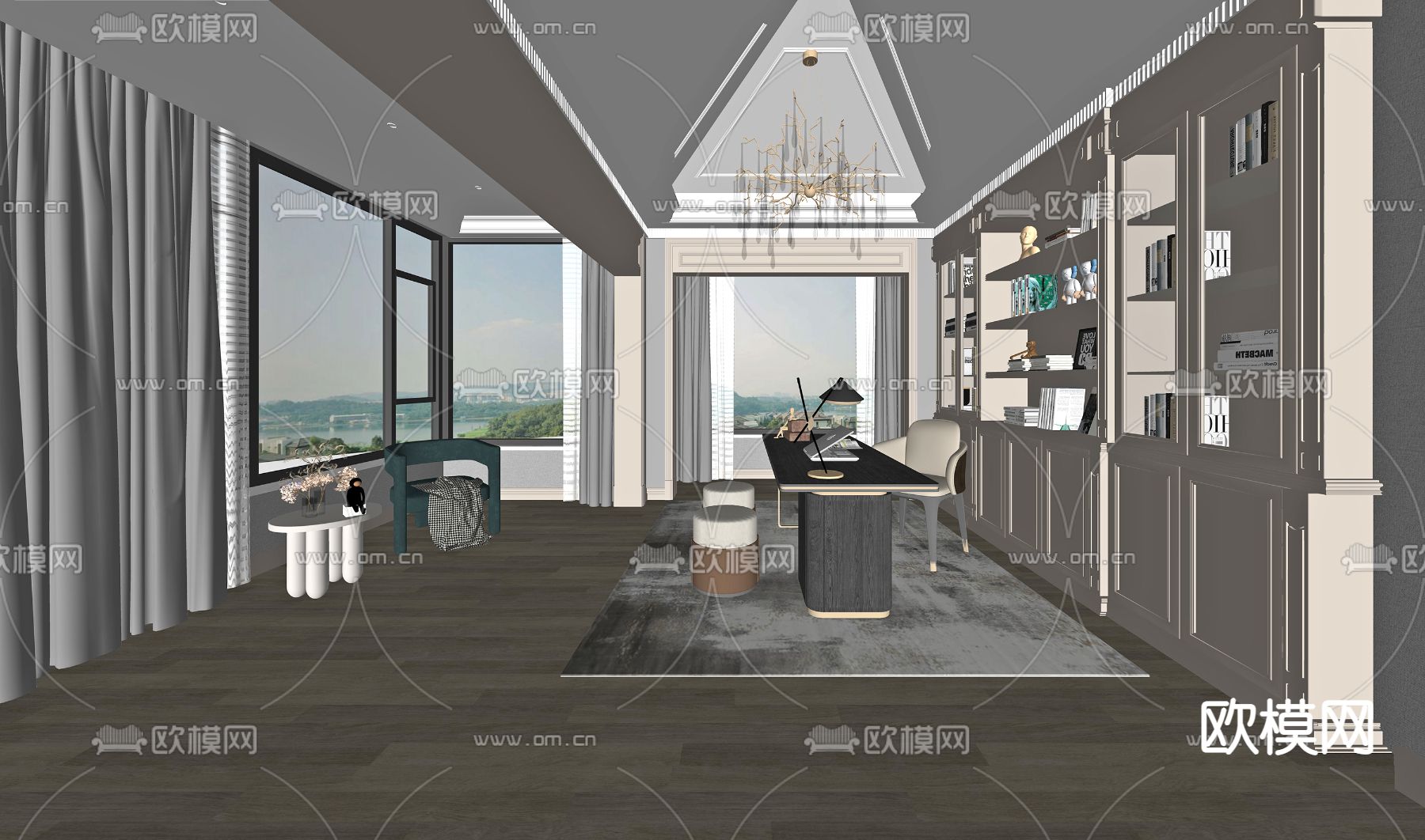 简欧书房su模型下载（渲染图2）