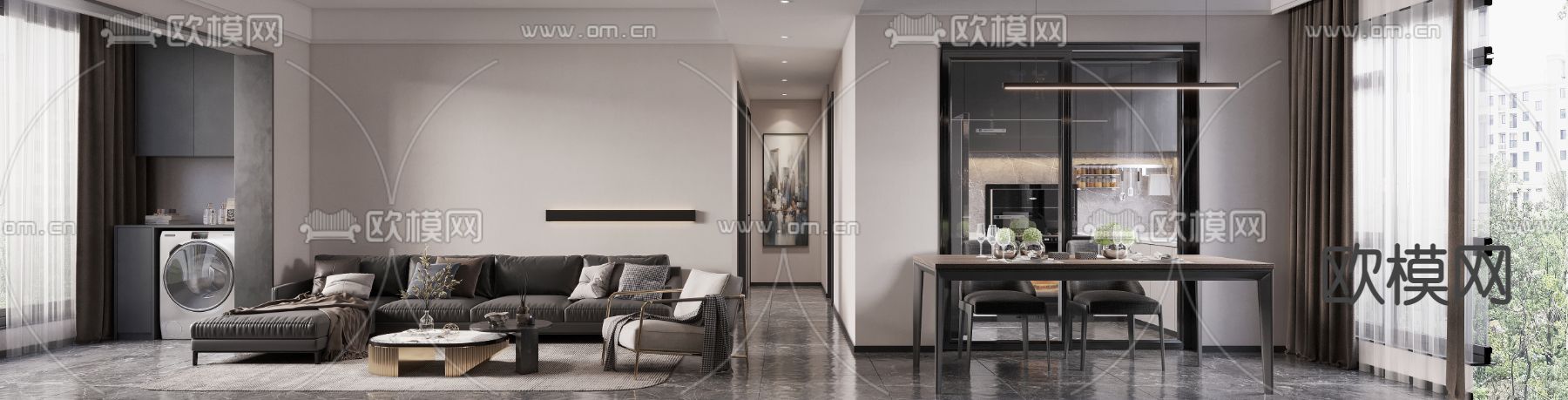 现代高级灰客厅餐厅免费3d模型下载（渲染图1）