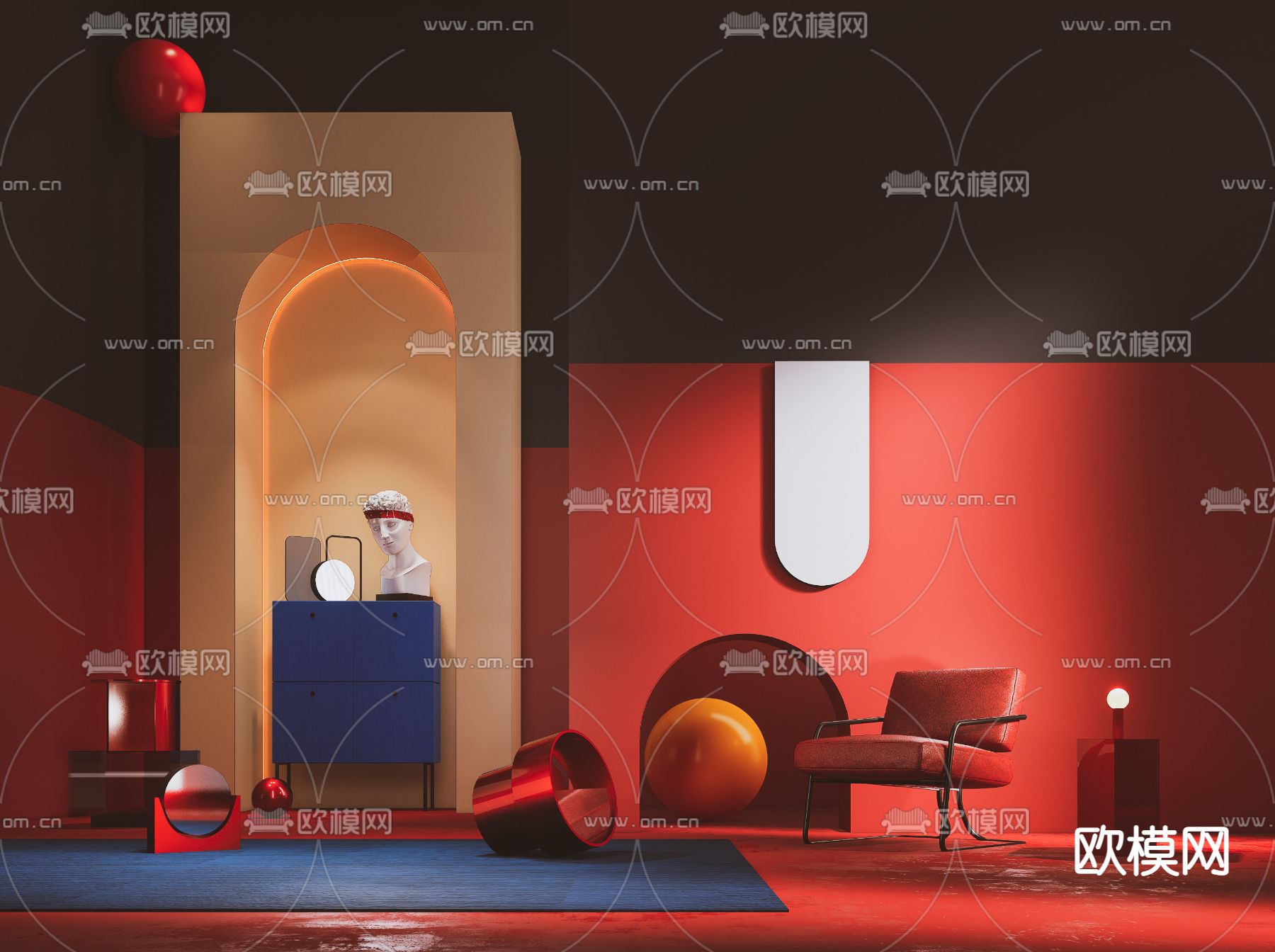 现代红黑艺术展厅su模型下载（渲染图1）