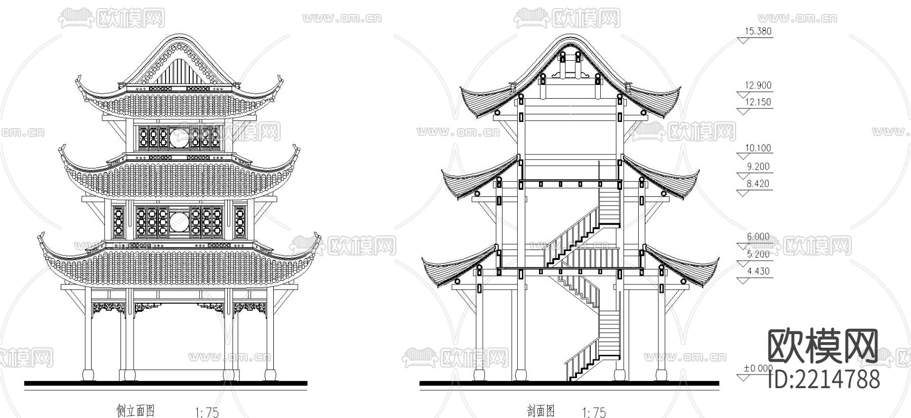 宝轮寺cad立面图下载（渲染图3）