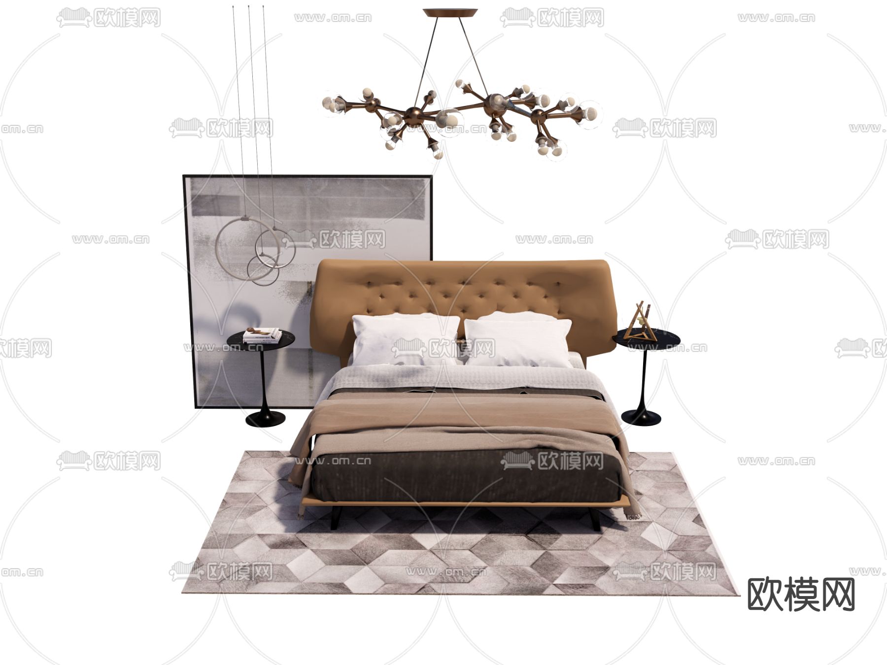 现代布艺双人床su模型下载（渲染图1）