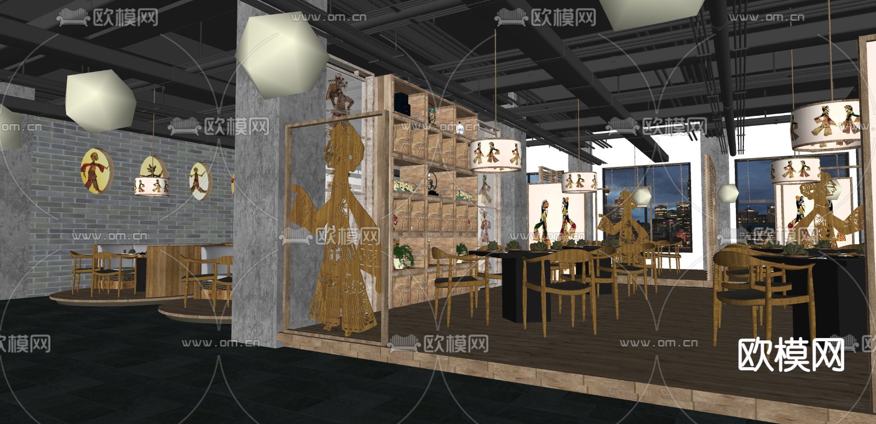 新中式川味火锅店su模型下载（渲染图1）