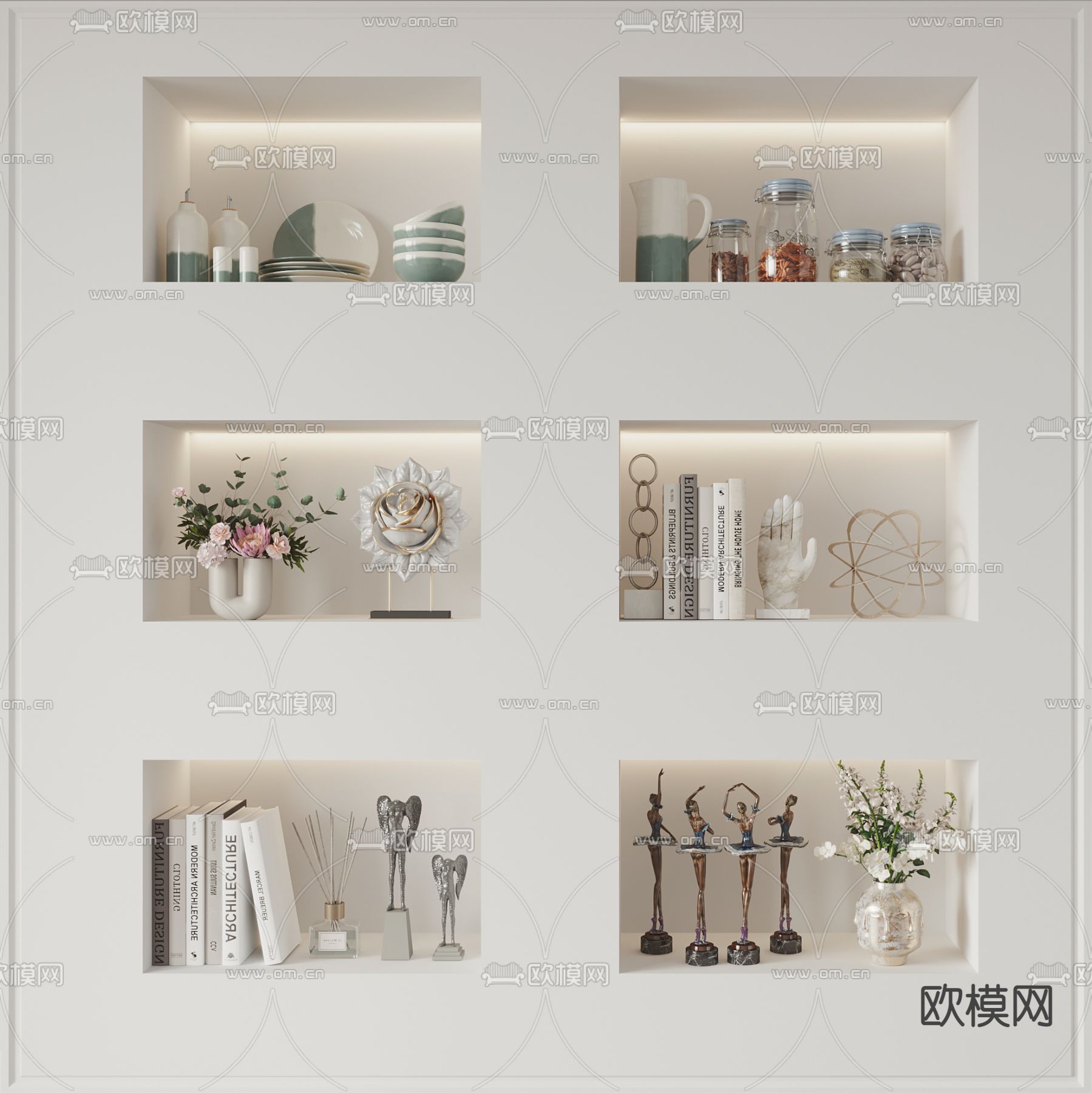 现代书籍花瓶雕塑碗碟摆件3d模型下载