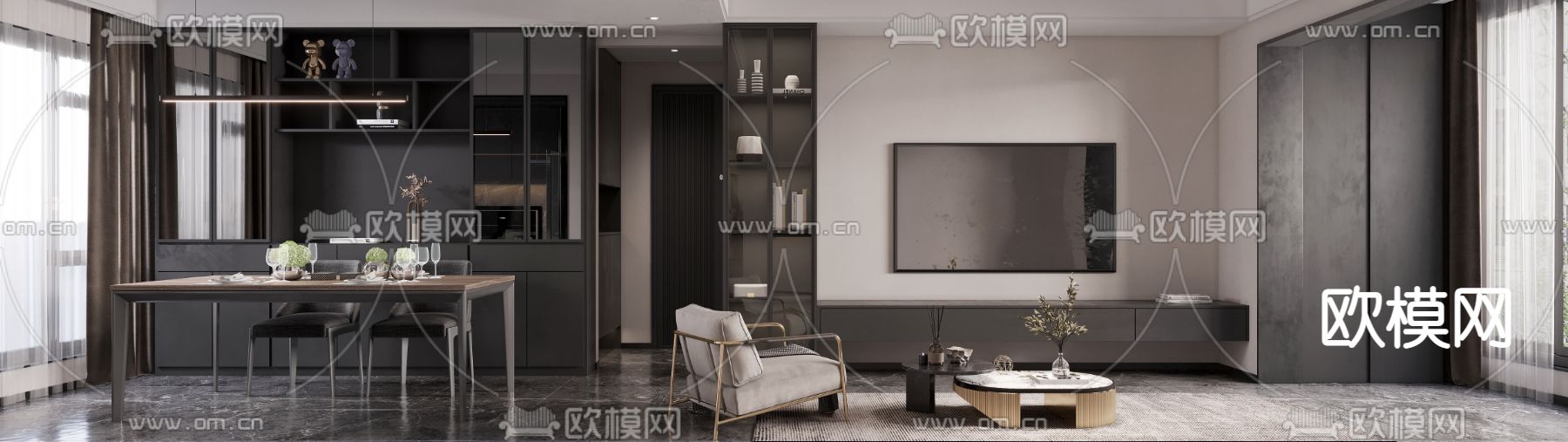 现代高级灰客厅餐厅免费3d模型下载（渲染图2）