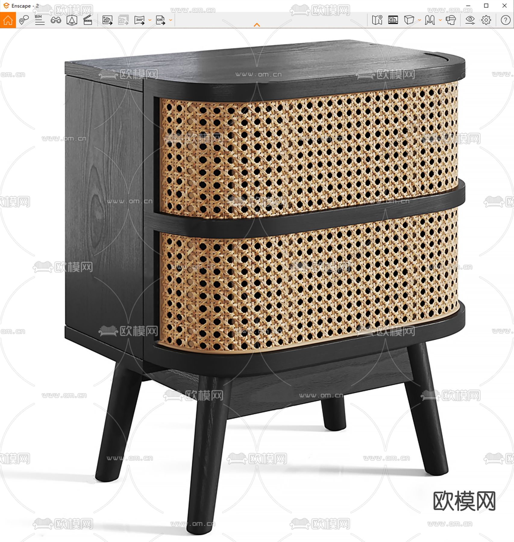 侘寂风黑木藤编床头柜su模型