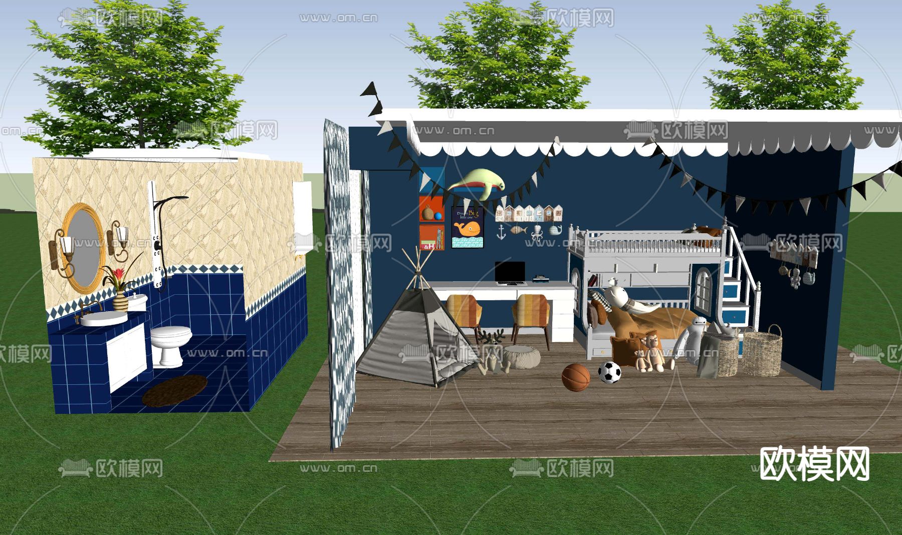 地中海上下铺儿童房su模型下载