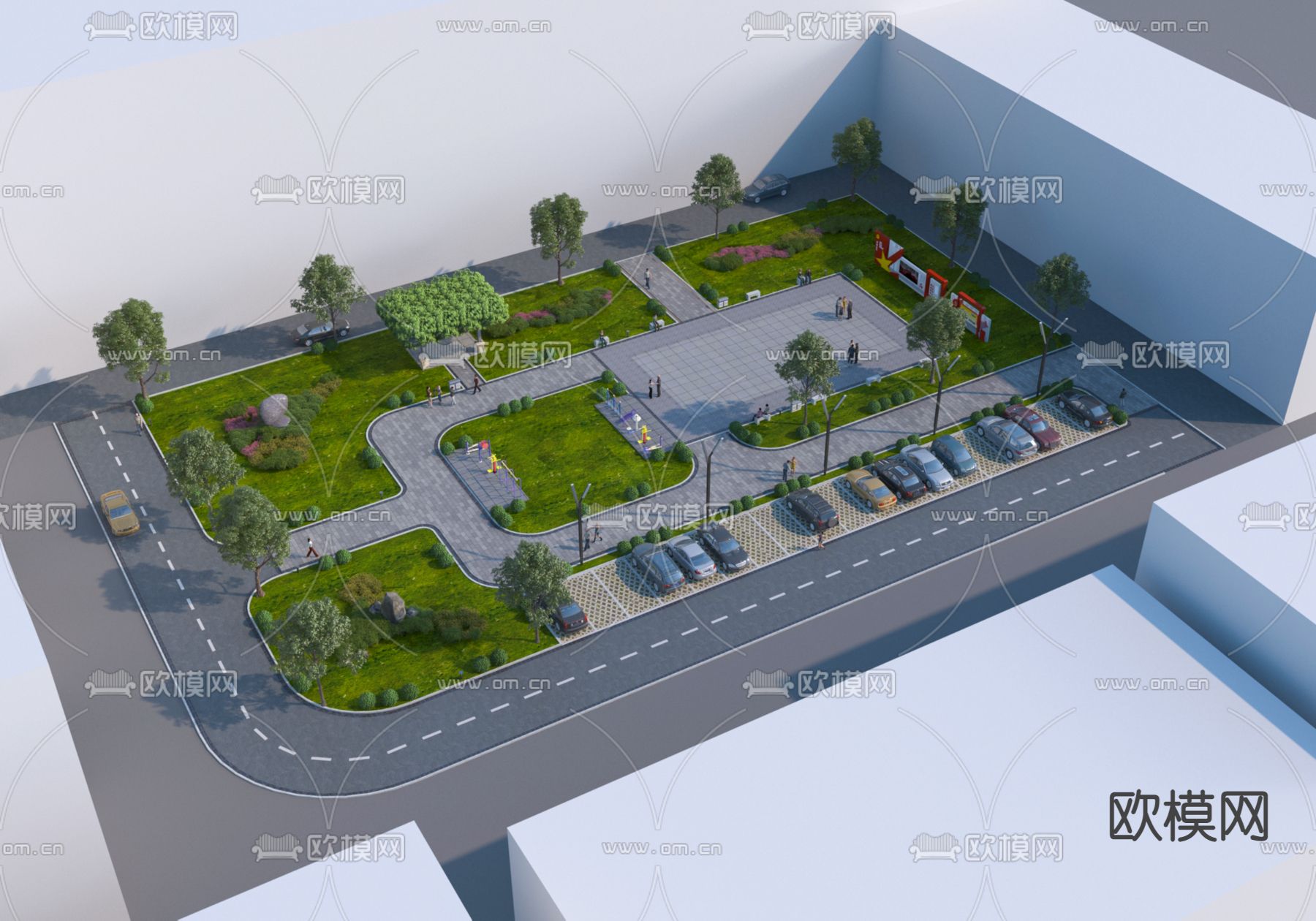 现代社区休闲小广场鸟瞰3d模型下载_ID12046706_3dmax免费模型-欧模网