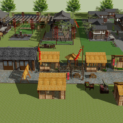  中式民俗集市商业街su模型 