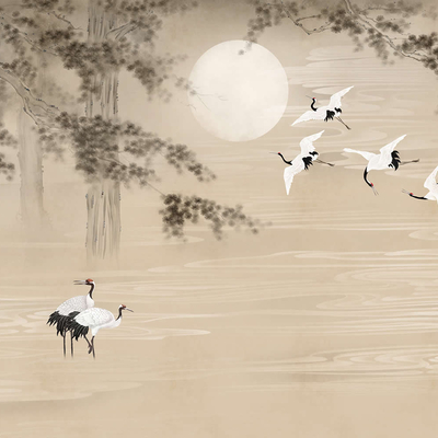  华琴壁画松鹤壁纸 