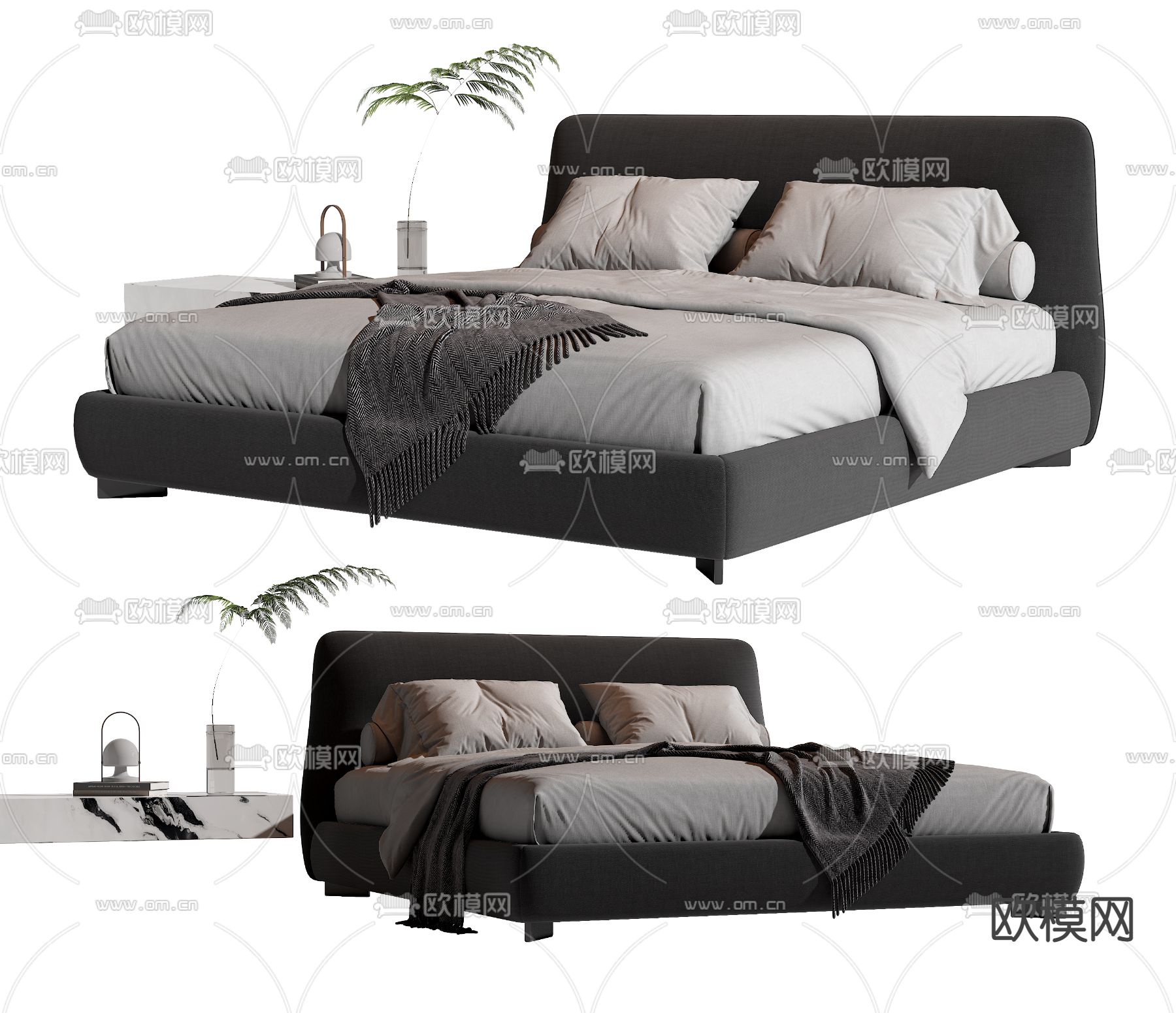 Molteni&C 现代布艺双人床su模型下载（渲染图1）