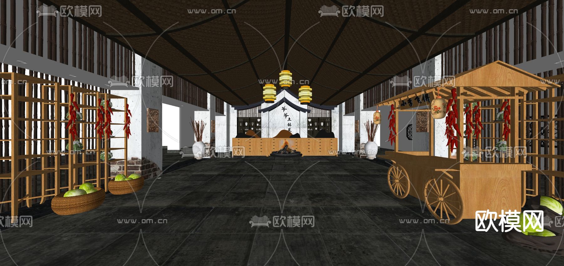 新中式民俗菜中餐厅su模型下载（渲染图1）