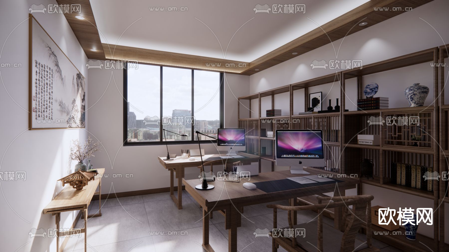 新中式办公室办公区su模型