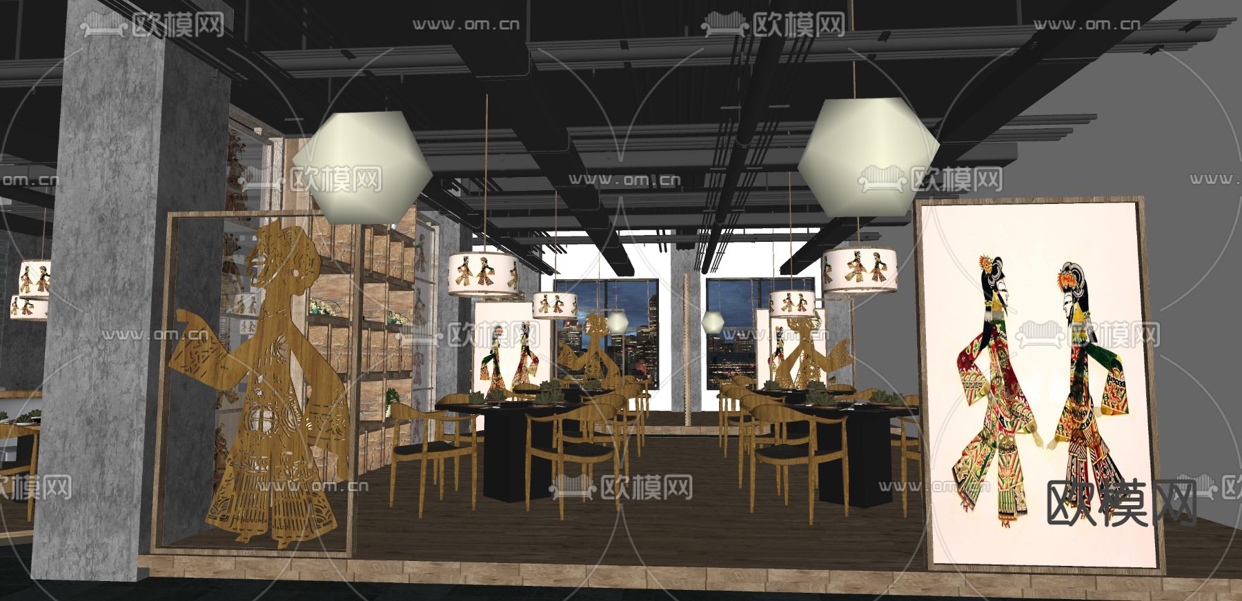 新中式川味火锅店su模型下载（渲染图3）