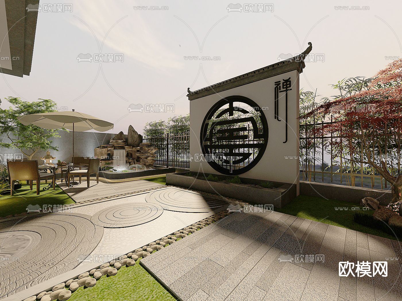 中式室外别墅露台花园3d模型下载