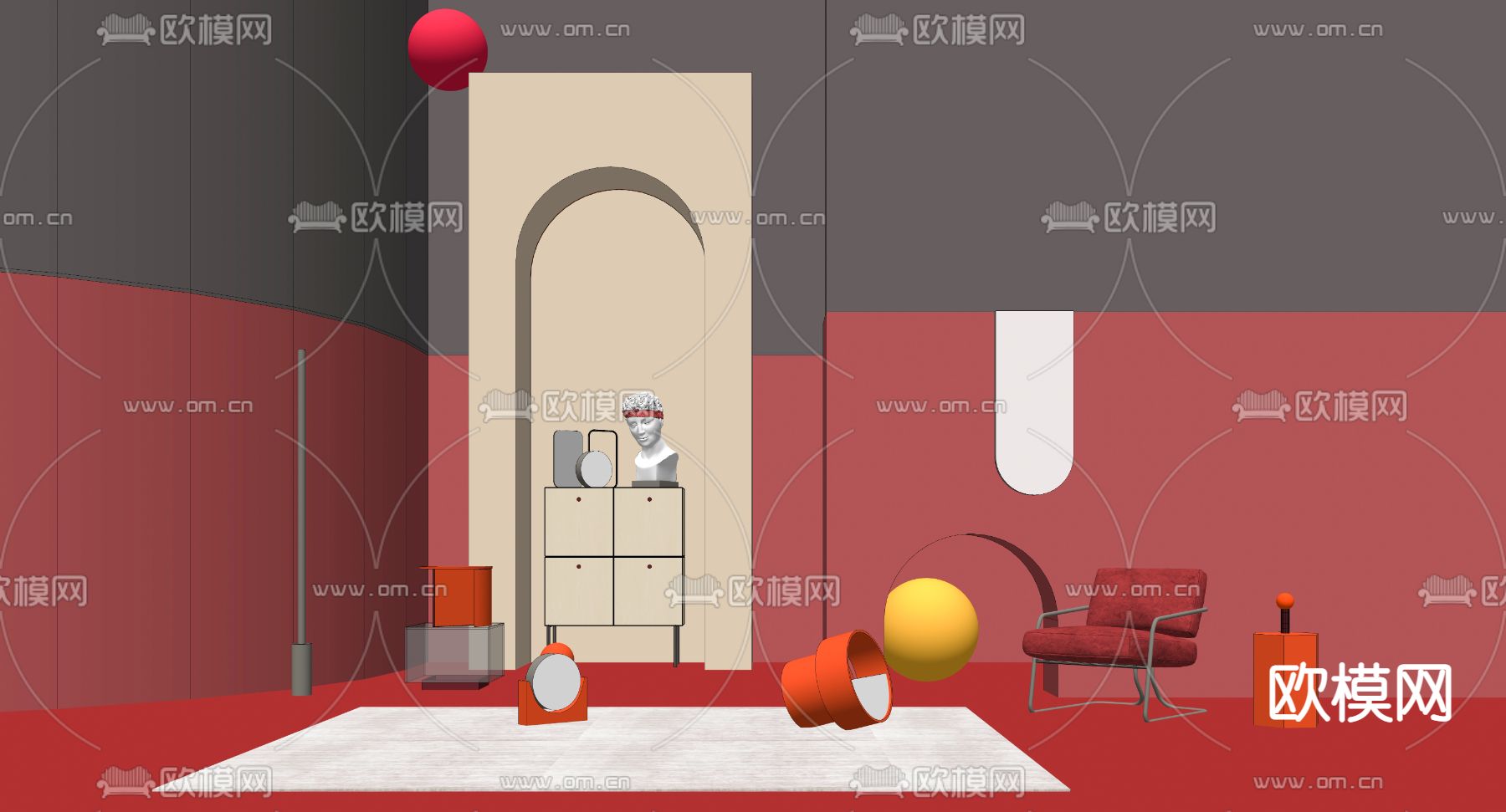 现代红黑艺术展厅su模型下载（渲染图3）