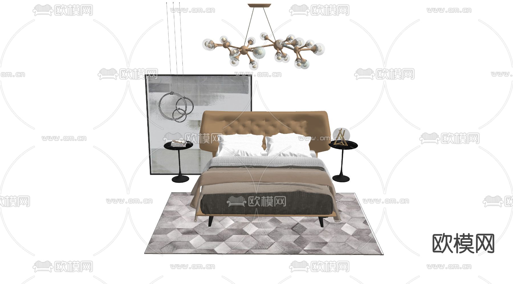 现代布艺双人床su模型下载（渲染图2）