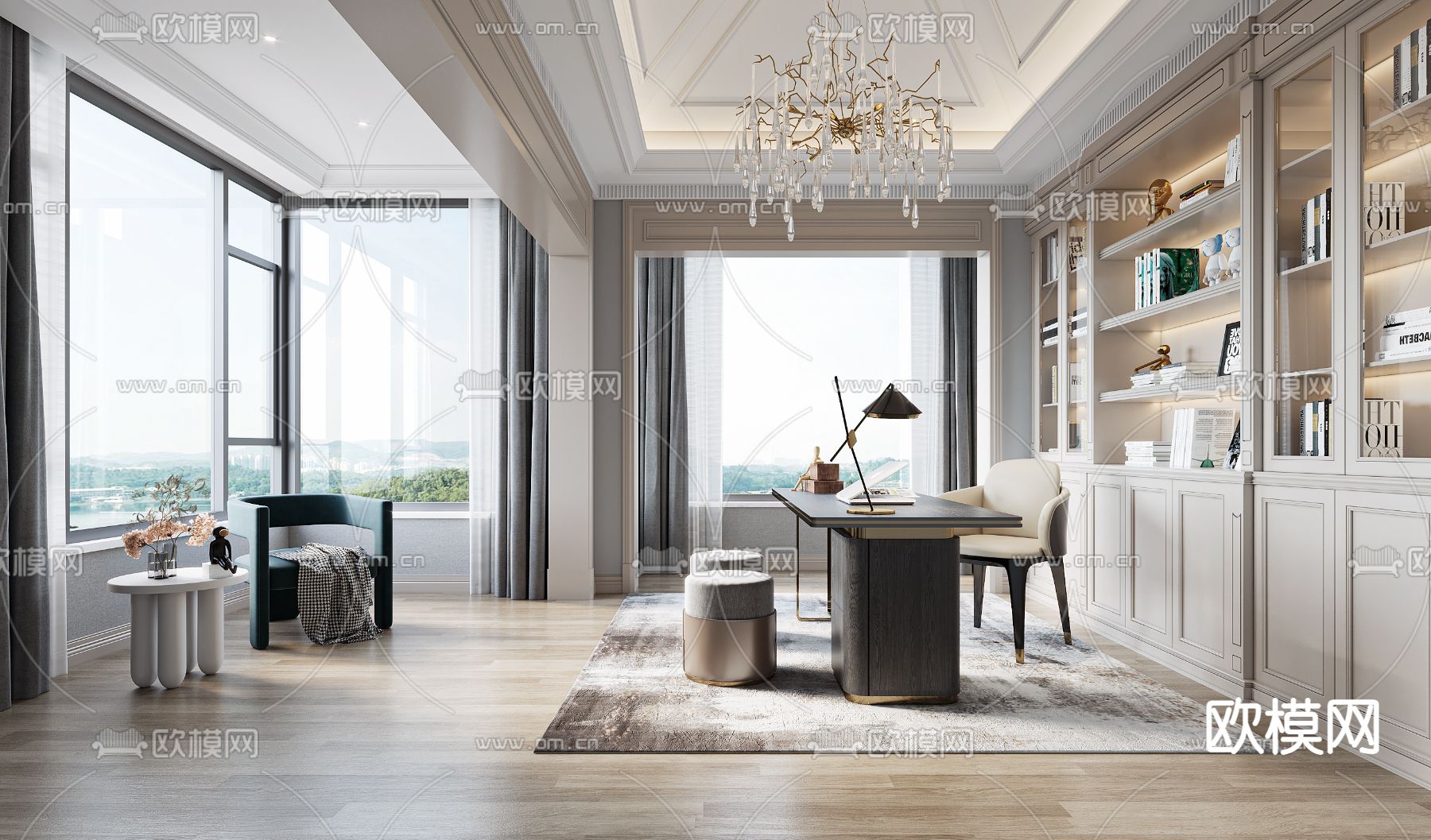简欧书房su模型下载（渲染图1）