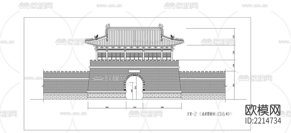 旅游區(qū)仿古山門CAD施工圖下載(渲染圖1)