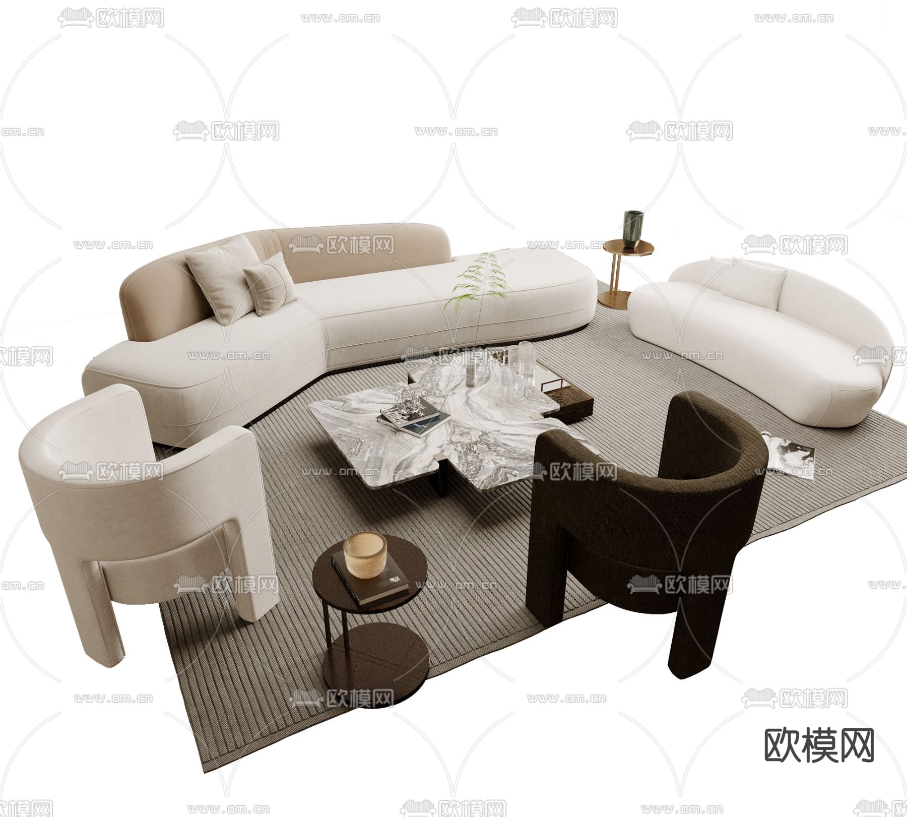 现代奶油风弧形沙发组合3d模型下载_ID12051453_3dmax免费模型-欧模网