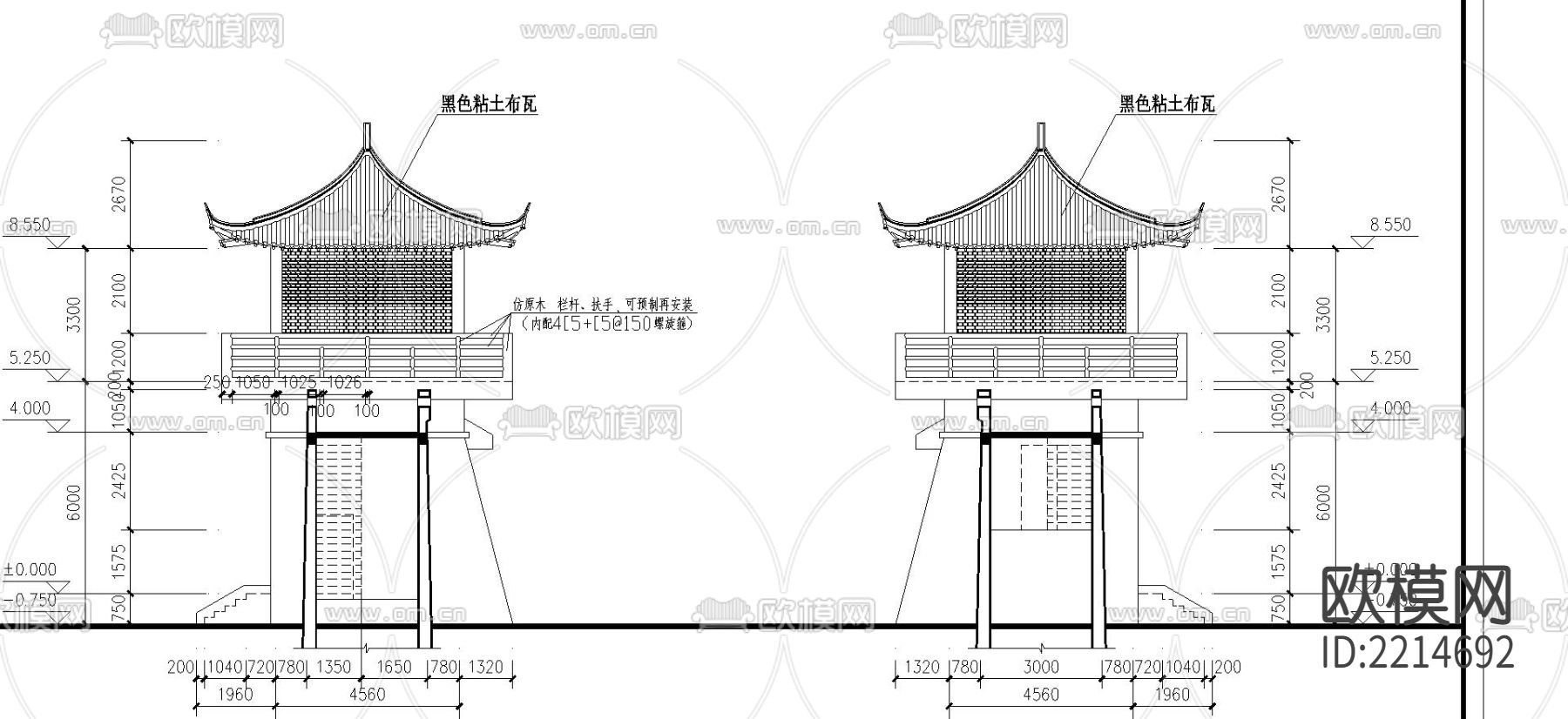 两层的山门建筑CAD施工图下载（渲染图3）