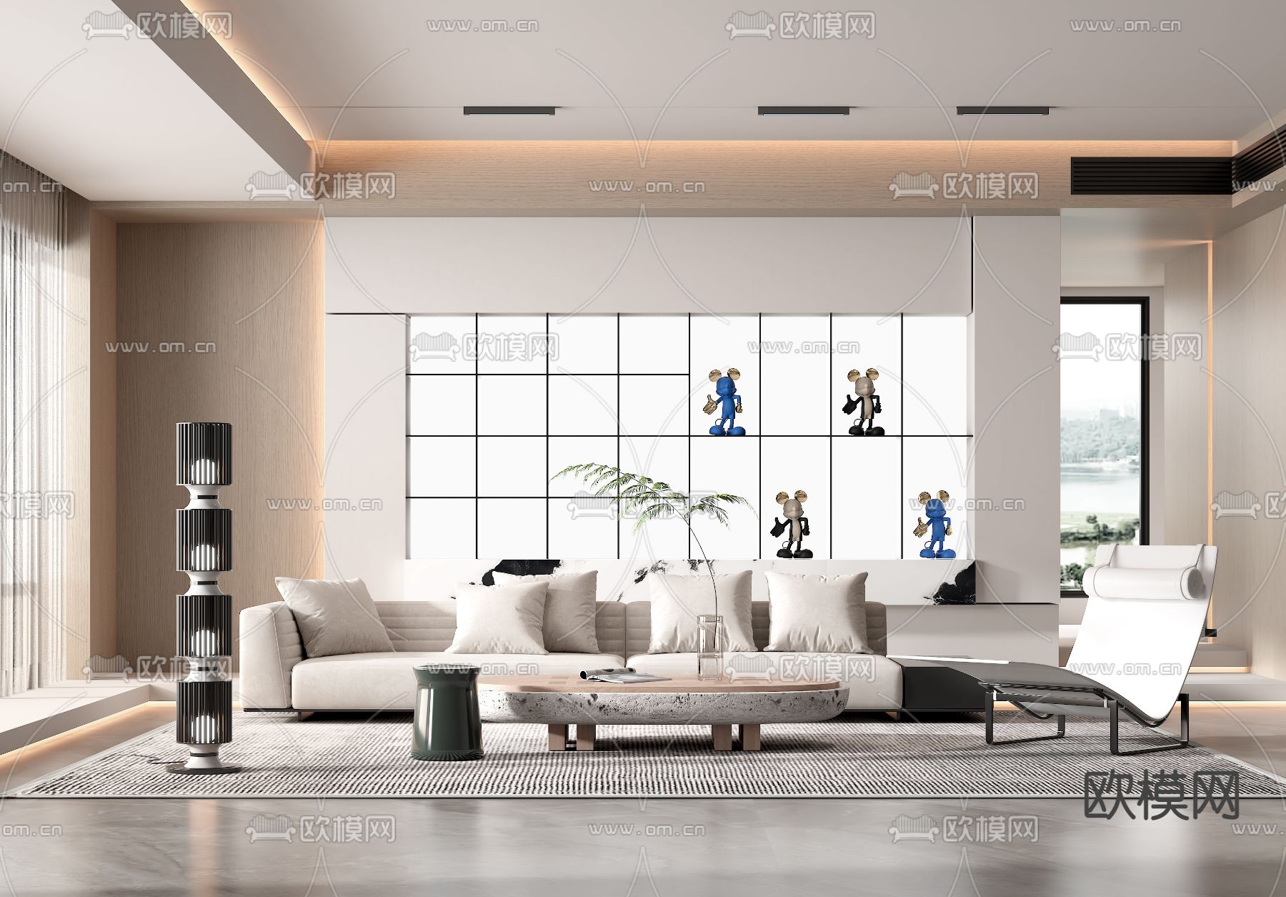 现代奶油风客厅3d模型下载_ID12046639_3dmax免费模型-欧模网