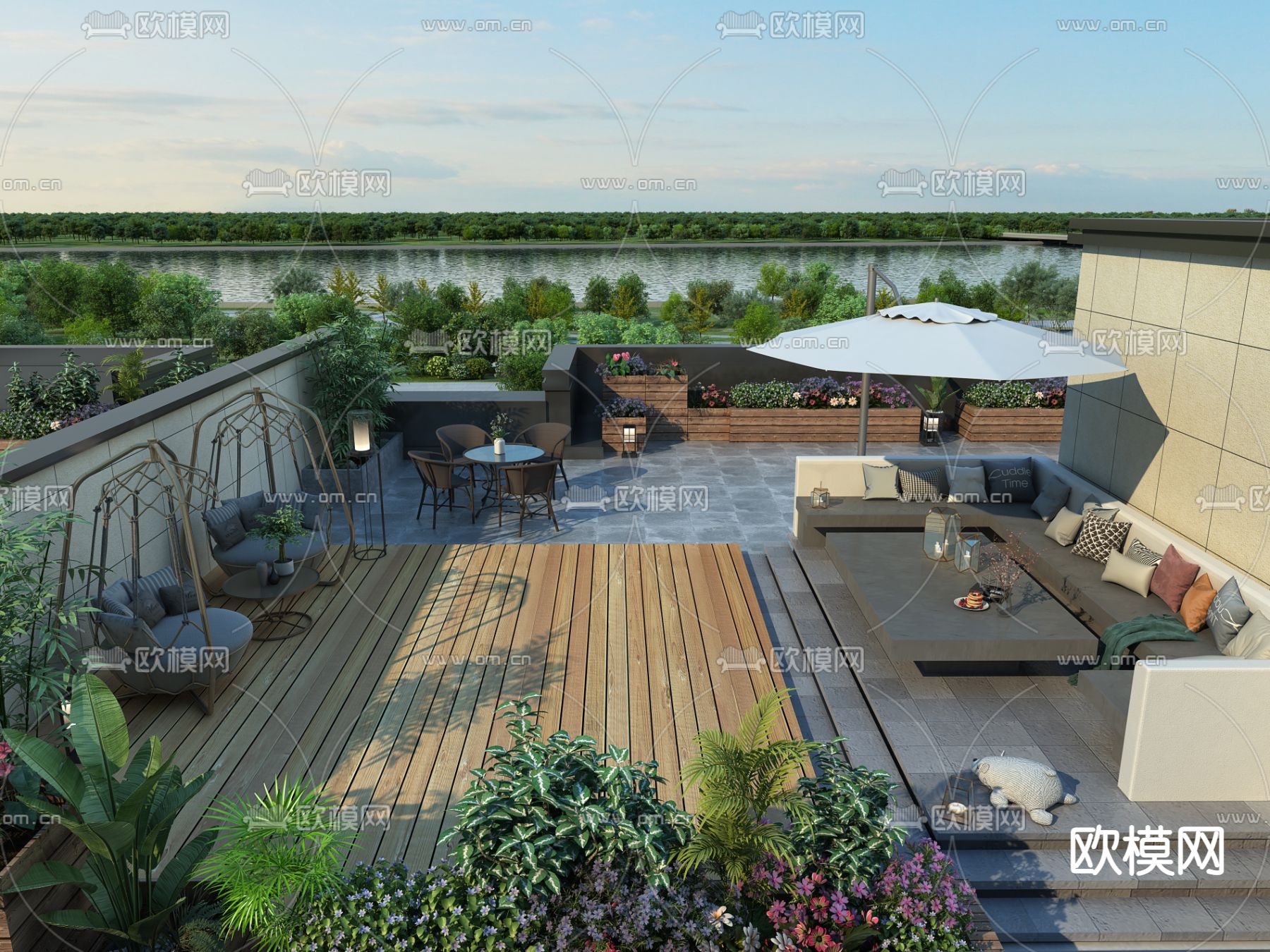 现代别墅露台花园3d模型下载_ID12048877_3dmax免费模型-欧模网
