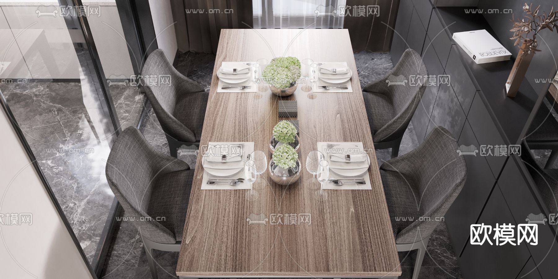 现代高级灰客厅餐厅免费3d模型下载（渲染图3）