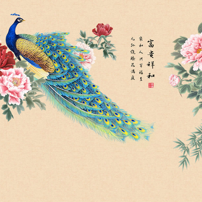  华琴壁画孔雀牡丹花壁纸 