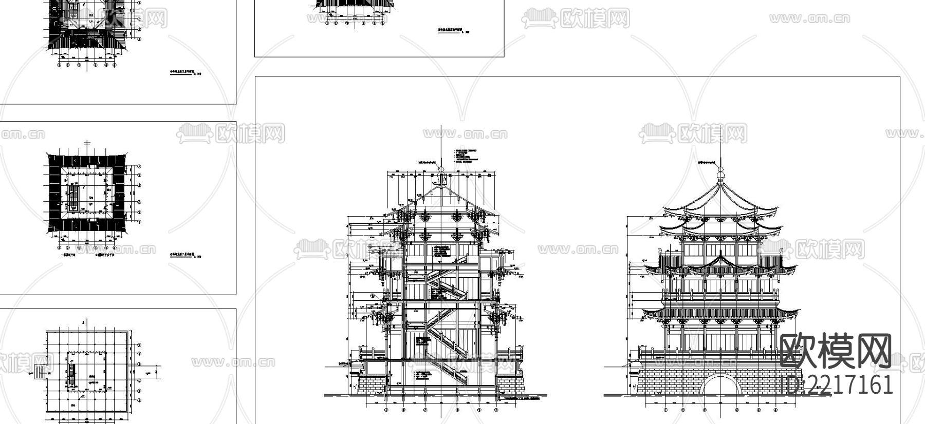 云峰烟水阁cad平立面建筑图下载（渲染图1）