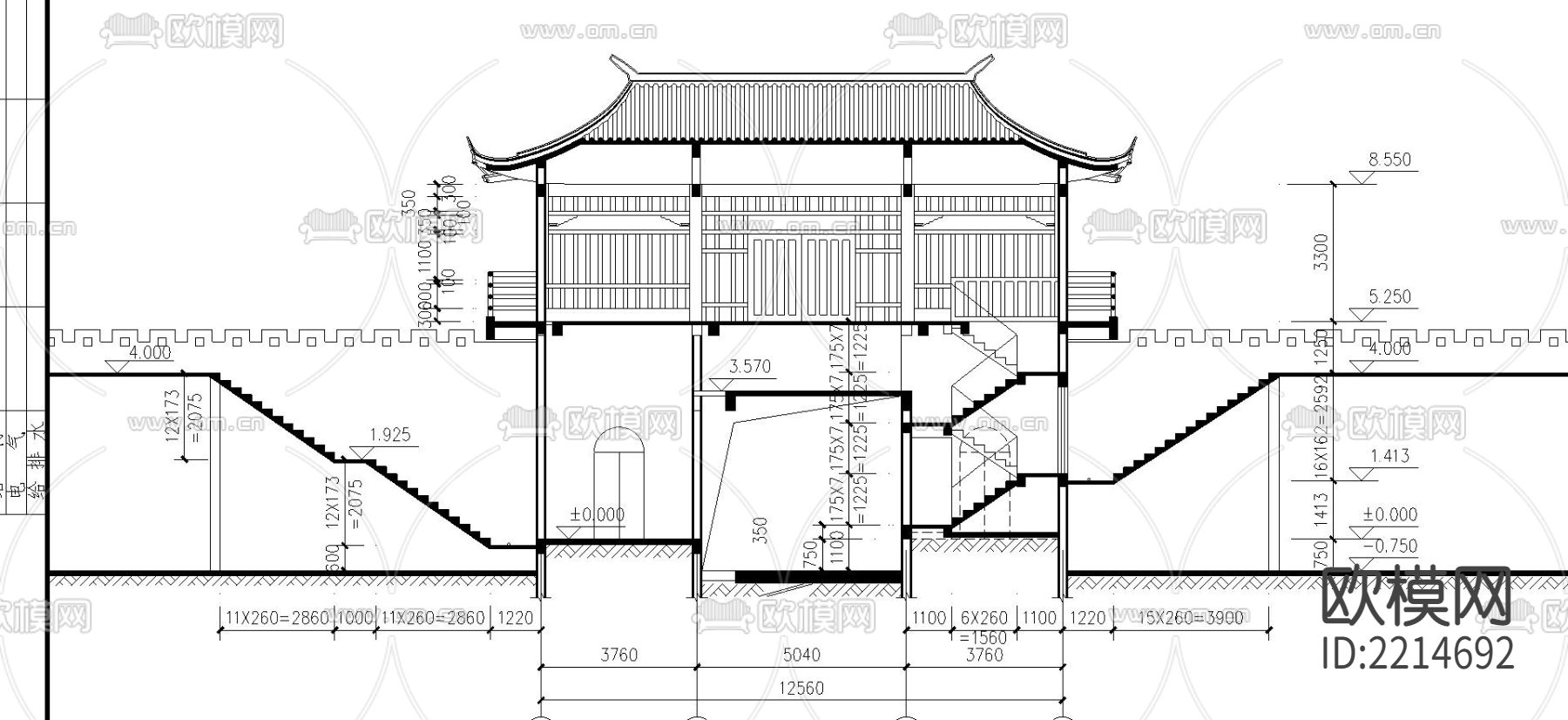 两层的山门建筑CAD施工图下载（渲染图1）