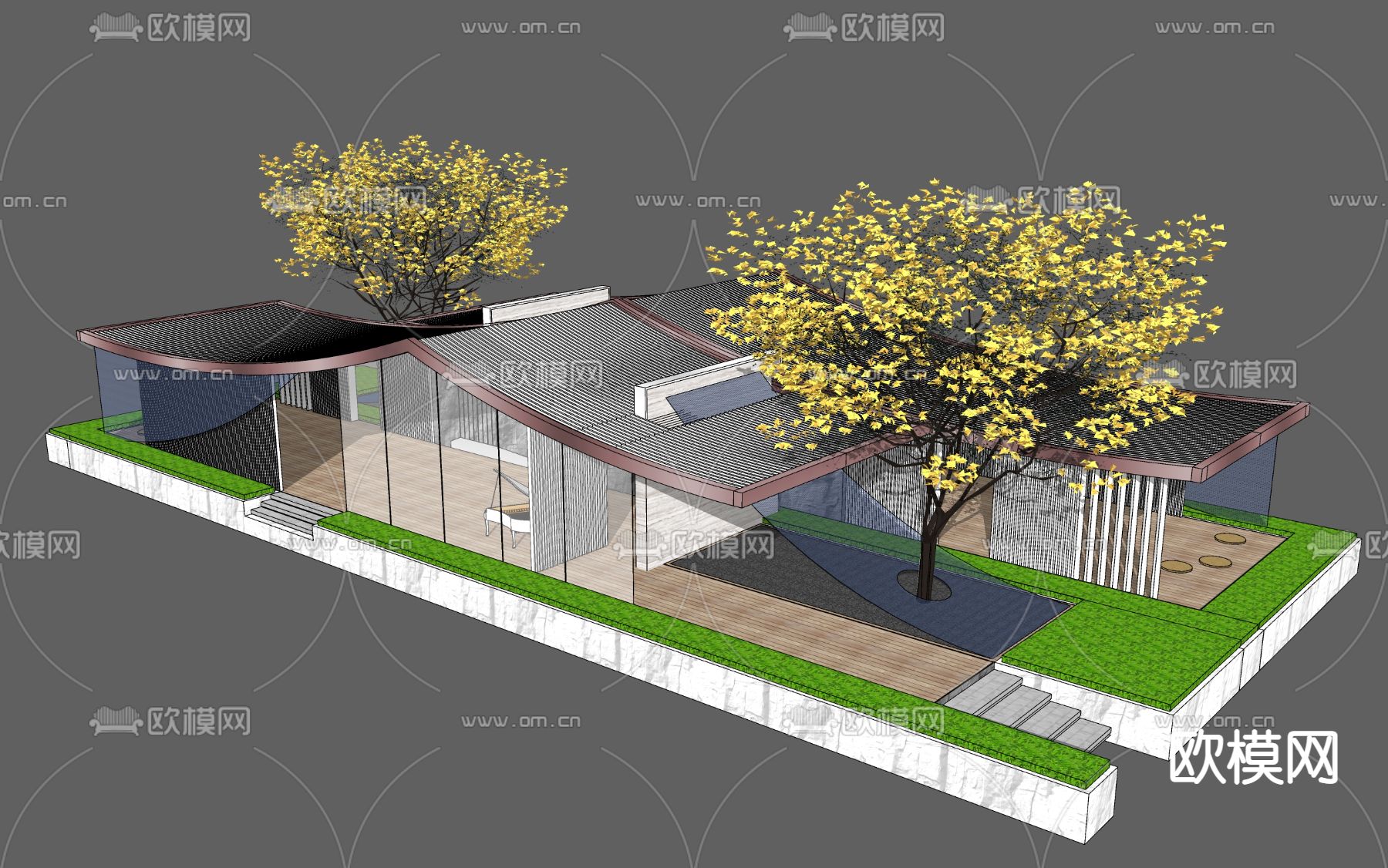 新中式坡屋顶休闲亭子廊架su模型下载_ID12048544_sketchup模型下载-欧模网